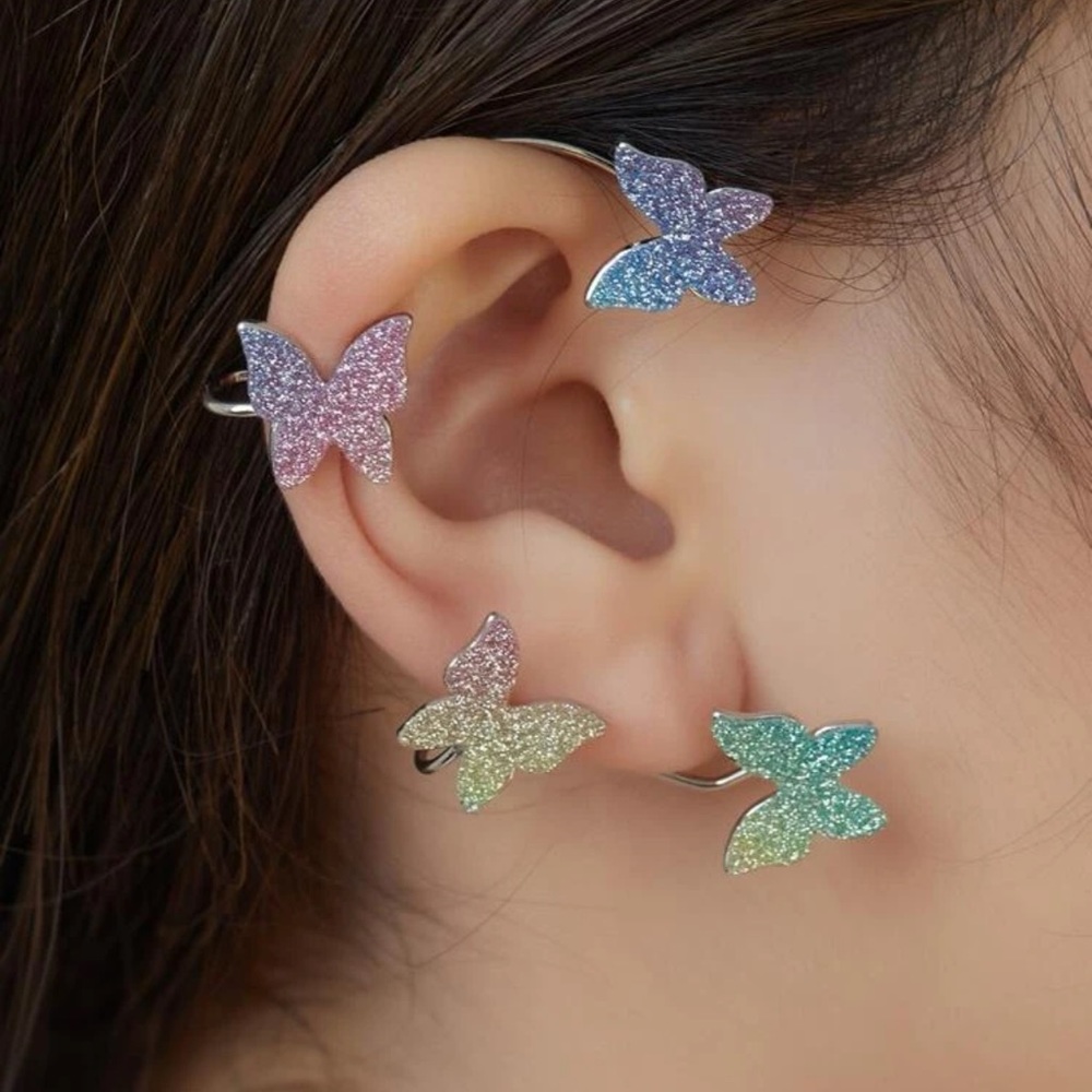 🦋 Awesome Pierce-less Right Ear Colorful Glitter Butterflies Ear Cuff Jacket 🦋